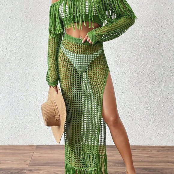 Green Sexy Women's Crochet Hollow Fringe Hem Cover Up Tops - Picture 5 of 6